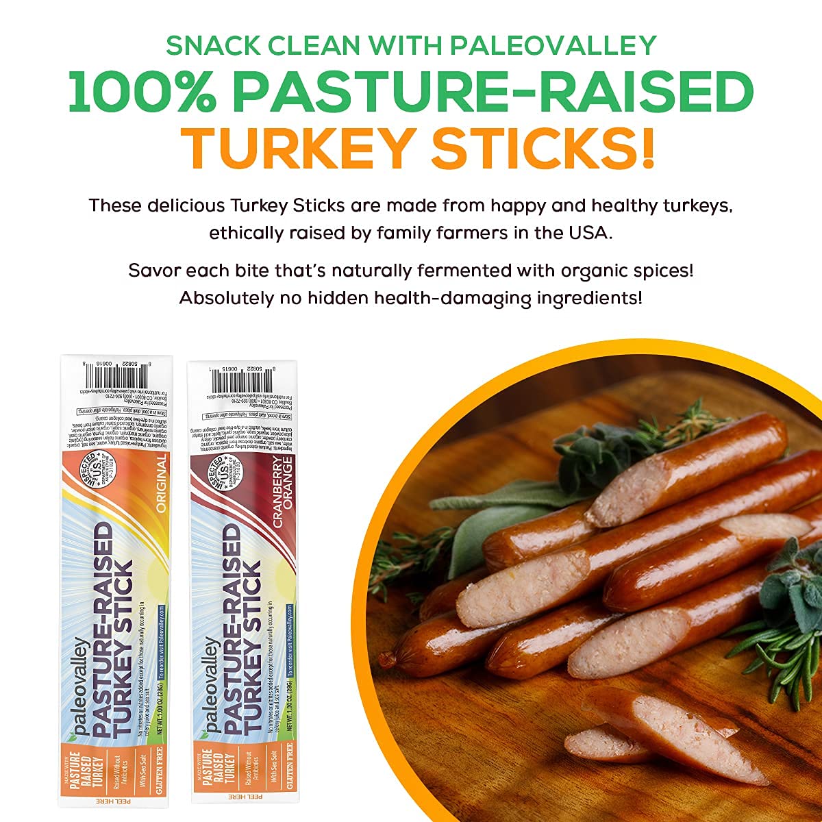 Paleovalley Turkey Sticks - Delicious Paleo Keto Snacks With Probiotics, 7g Protein - 10 Jerky Sticks - Original Flavor - No Gluten, Soy, or GMOs - Shelf Stable - Pasture-Raised, Made in the USA
