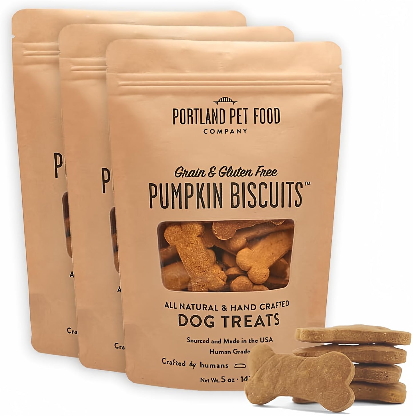 Portland Pet Food Company Pumpkin Healthy Dog Treats - Multipack, Grain-Free, Human-Grade, All Natural Dog Training Treats & Biscuits Made in the USA - 3-Pack (5 oz)