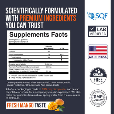 EcoWise Wellness Creatine Monohydrate Gummies 5000 mg, Fresh Mango Flavor, 120 Sugar-Free Vegan Chews, Creatine Supplement for Daily Routine