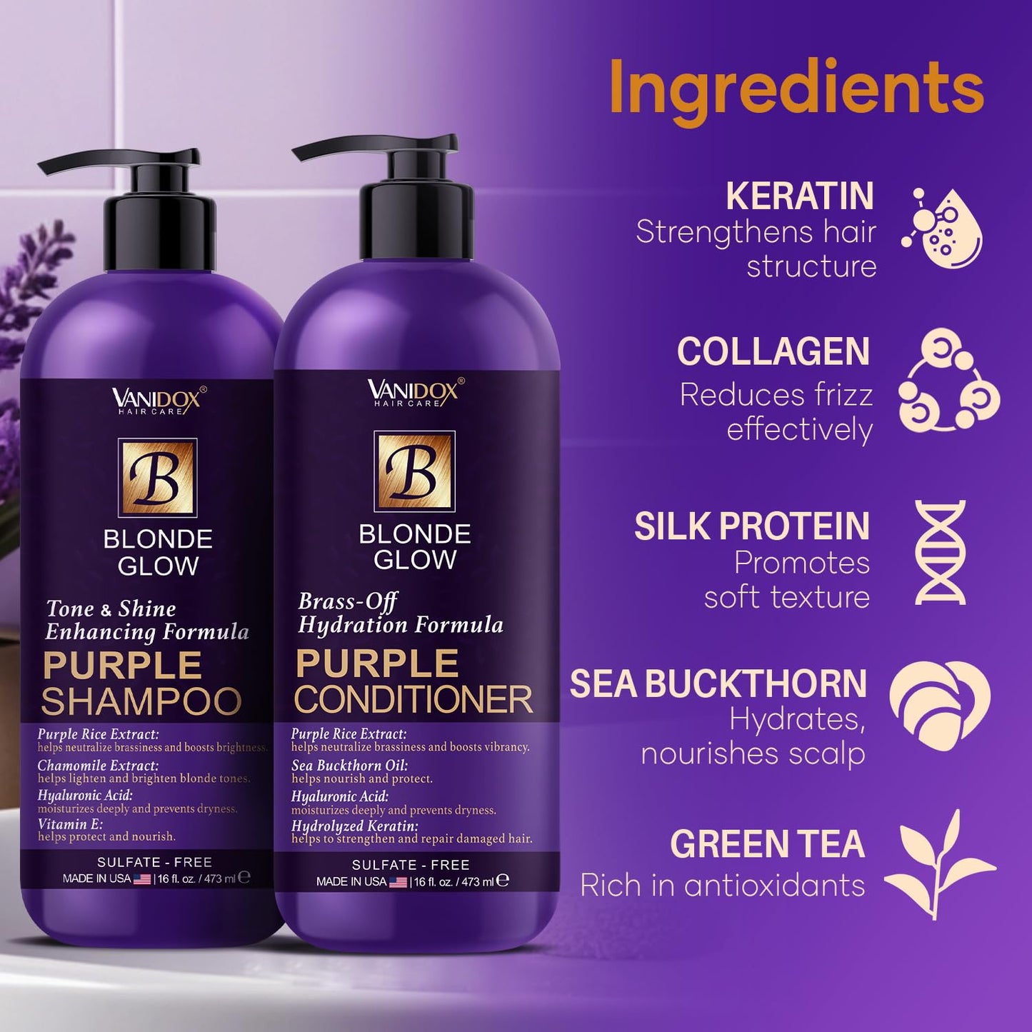 VANIDOX Sulfate Free Brass Toning Purple Shampoo and Conditioner Set for Blondes, Brown Highlighted, or Bleached Hair, Infused with Purple Rice Extract (16 fl oz each)