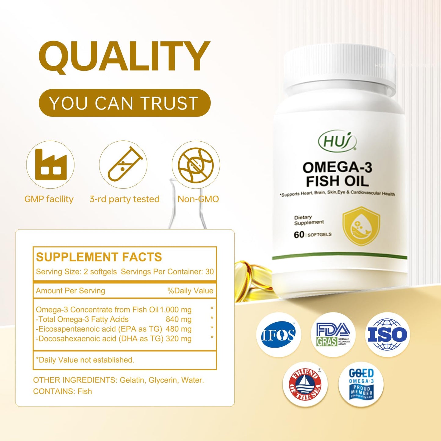 HUJ Omega 3 Fish Oil 1000mg Softgels - EPA+DPA, Fish Oil Omega 3 for Heart, Brain, Skin, Eyes & Cardiovascular Support *- 60 Softgels