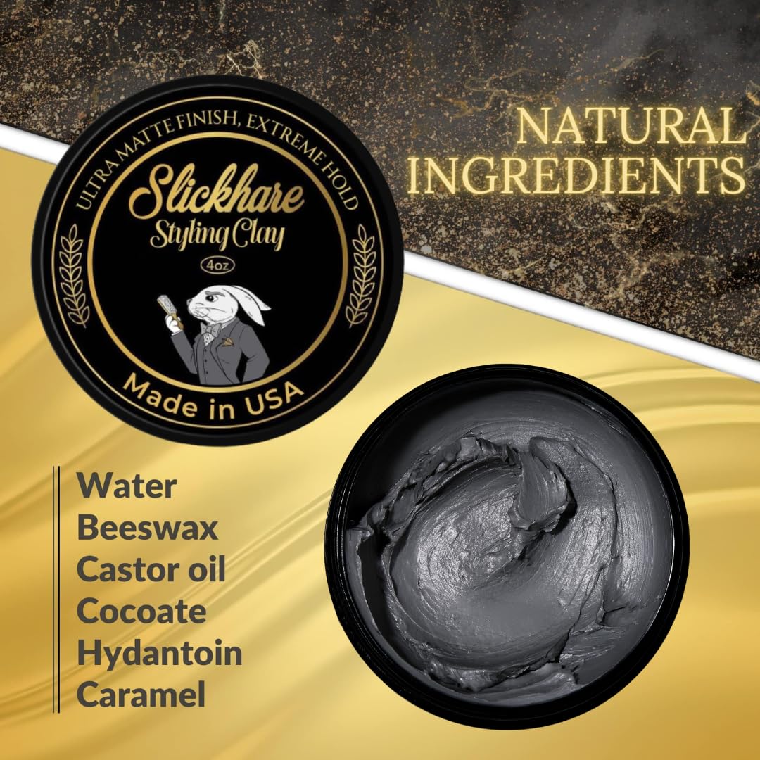 Slickhare Styling Hair Clay for Men | Premium Mens Hair Paste | Mens Hair Styling Clay with Strong Hold | 4 oz Ultra Matte Clay Hair Product | Made with Active Natural Ingredients | Made in USA