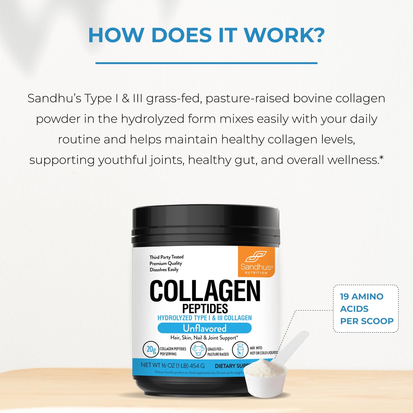 Sandhu's Collagen Peptides Powder|1 lb, 22 Servings Unflavored| Grass-Fed Hydrolyzed Bovine Collagen |Made in USA| Supports Youthful Skin, Hair, Nails, Mobility, Flexibility, Joint & Bone Health