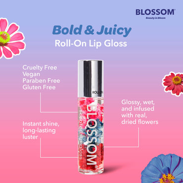 Blossom Roll on Lip Gloss, Scented Clear High Shine Moisturizing Lip Oil, Non Sticky, Infused with Real Flowers, Made in USA, 0.2oz, Island Fruit