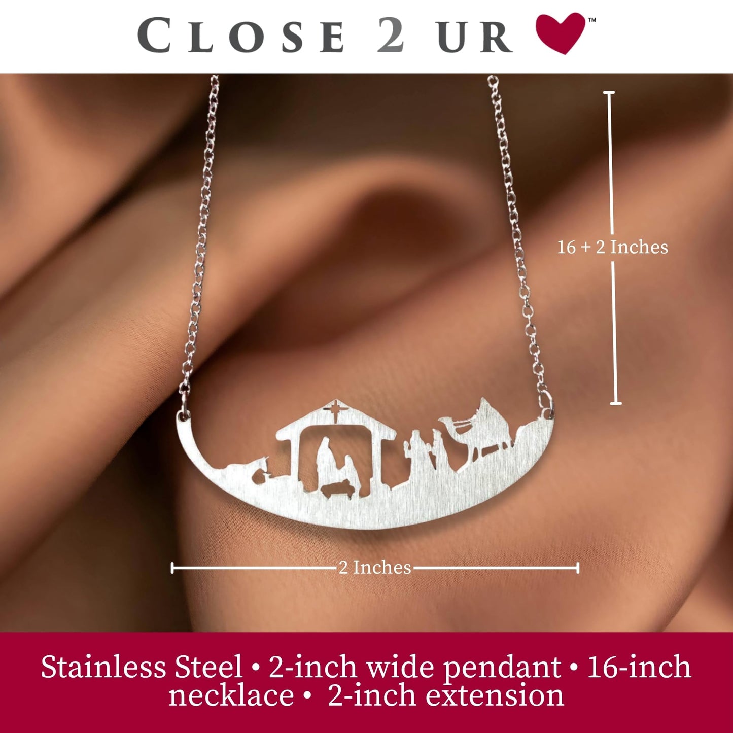 Close 2 UR Heart Stainless Steel Necklace - 3 Kings | Faith Inspired Pendant With Meaningful Message | Durable Handmade Jewelry Gift | Made In USA