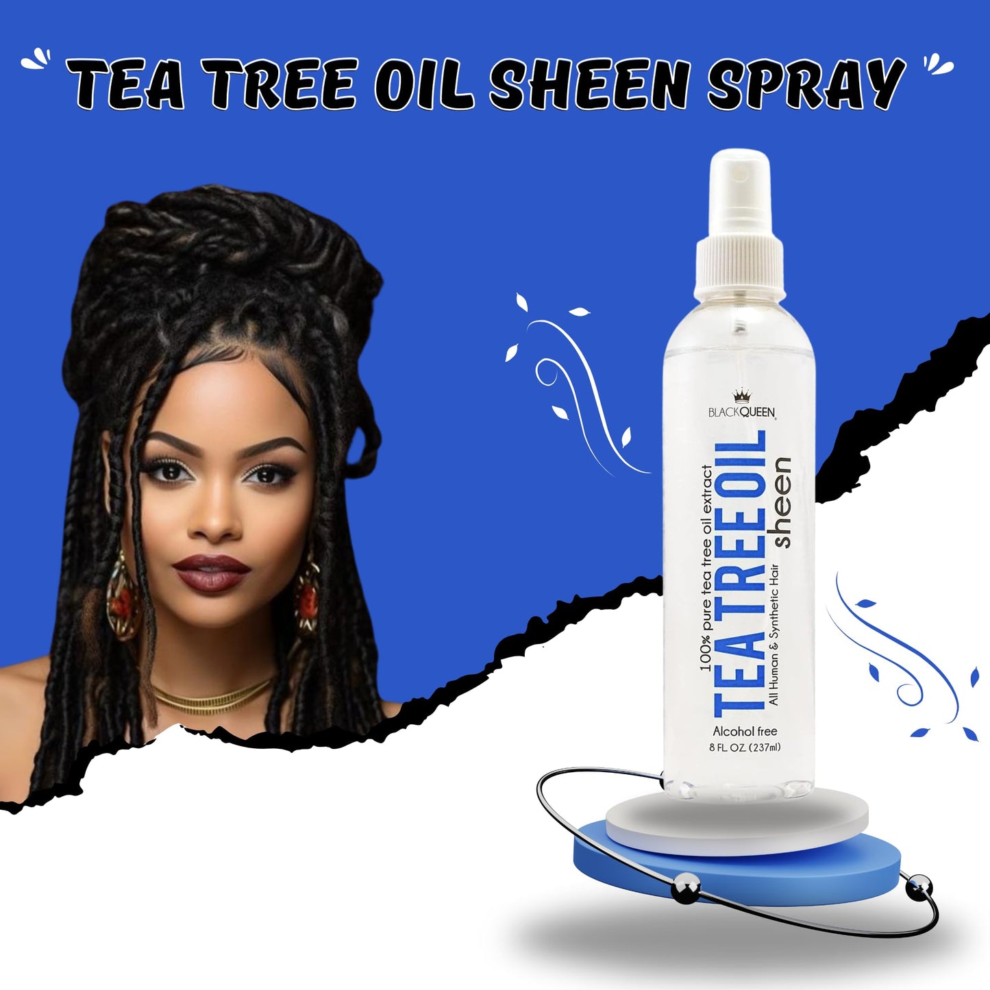 Black Queen Tea Tree Oil Sheen Spray for Locs, Dreadlocks, Twists, Braids, Cornrows, 4C Hair - Moisturizing, Refreshing - Made in the USA - 2 oz