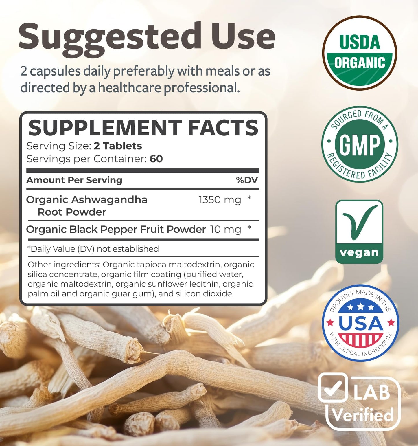 USDA Organic Ashwagandha Supplement - High Potency Ashwagandha Pills Made With Organic Black Pepper for Enhanced Absorption - Vegan Non-GMO Made in the USA & Lab Verified (2 Months Supply)