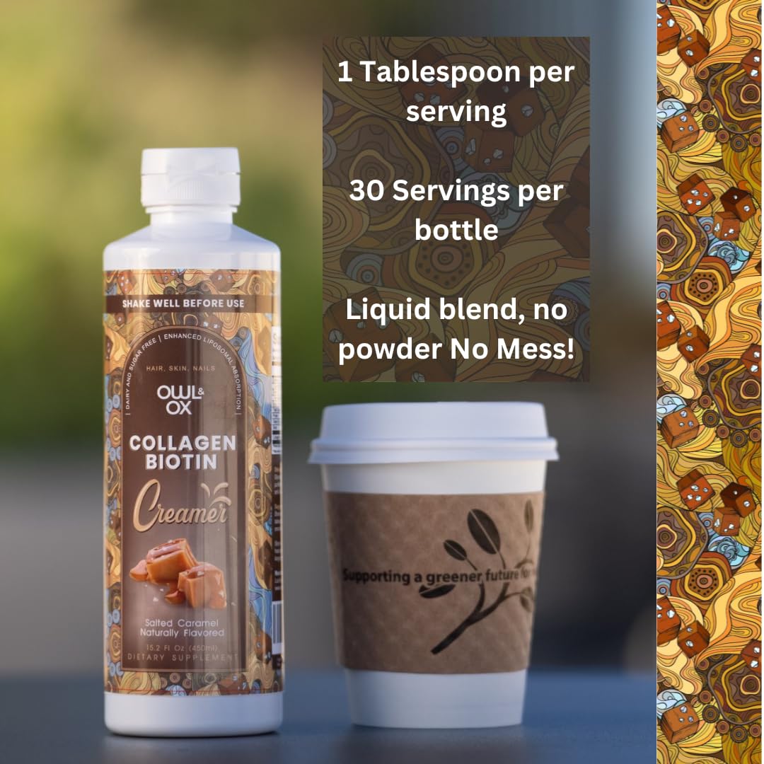 Owl & Ox Collagen Coffee Creamer Biotin-Infused for Healthy Hair, Skin & Nails | Keto, Dairy-Free, Sugar-Free, Gluten-Free | Liquid Salted Caramel | 30 Servings