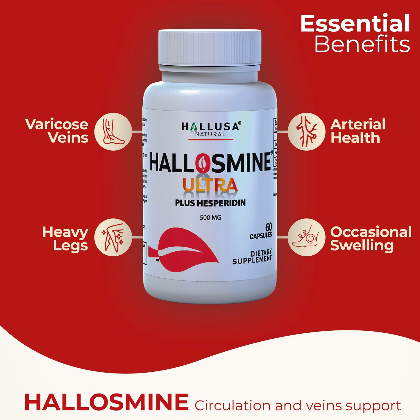 Hallusa Natural Hallosmine Ultra Diosmin 500mg & Hesperidin 150mg – Heavy Legs, Swelling & Vein - Blood Circulation Supplements, 60 Caps