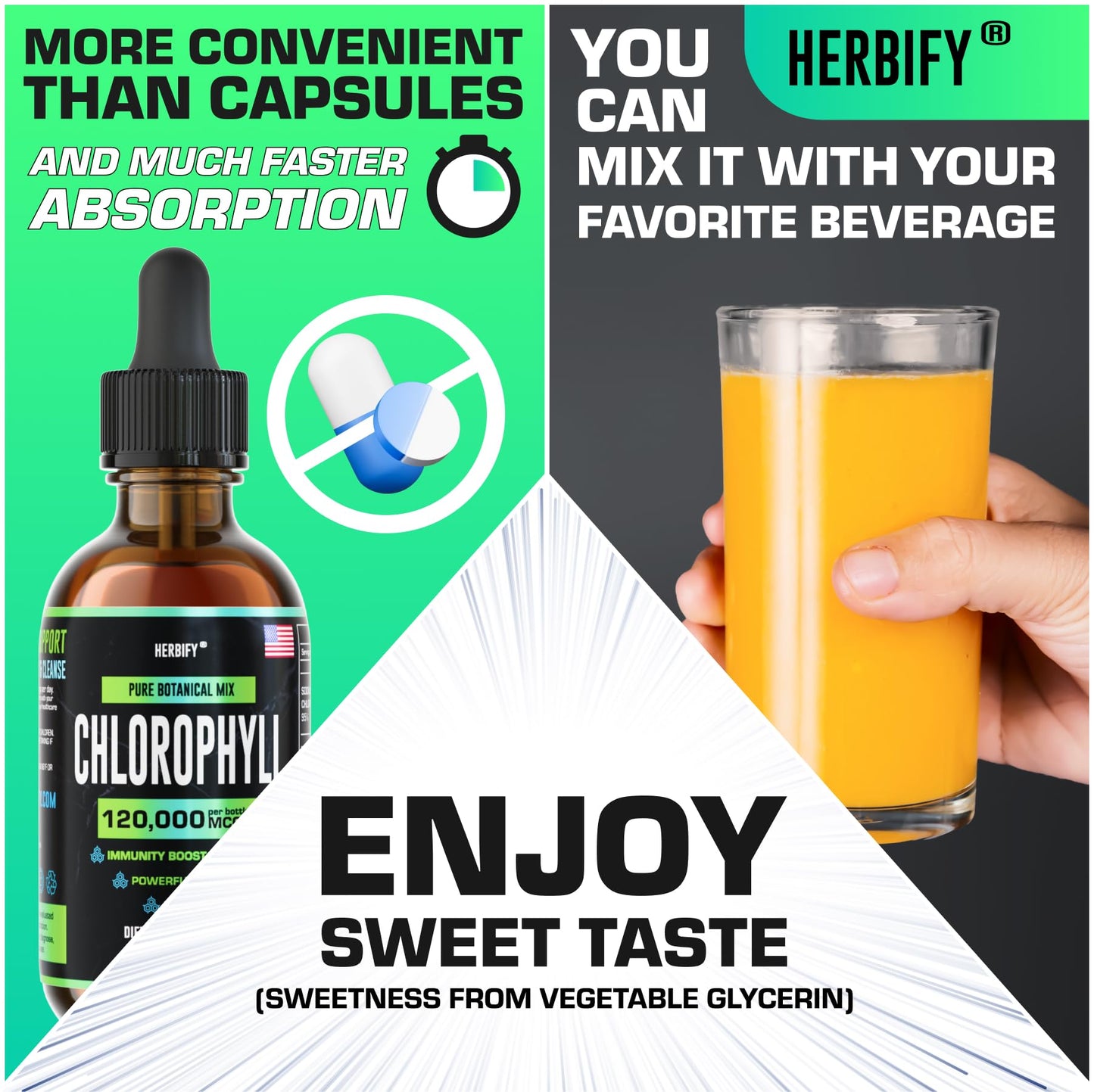 HERBIFY Chlorophyll Drops - Liquid Chlorophyll for Energy Boost & Immune System Support - Made in USA - Chlorophyll Liquid Drops for Body Detox, Internal Deodorant & Enhance Skin - 2 Oz