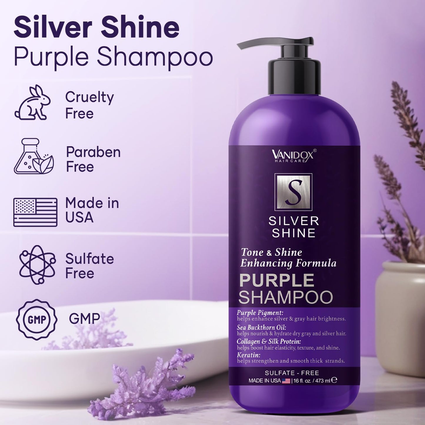 VANIDOX Brass Toning Purple Shampoo for Grey and Silver Hair, Infused with Purple Pigment, Sulfate Free Shampoo for Gray and Silver Hair (16 fl oz)