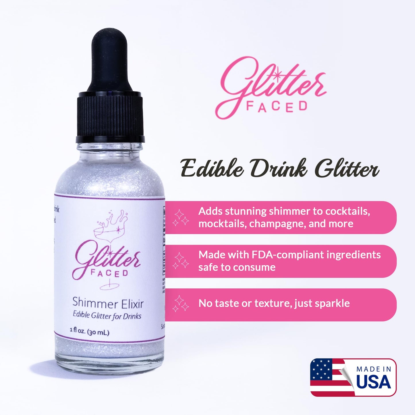 Glitter Faced Shimmer Edible Glitter For Drinks With 0-Calories, No Taste or Texture | 30ml Food-Grade, 30 Drinks, Luster Dust | Ideal for Beverages, Galentine’s, Parties & Events | Made in USA