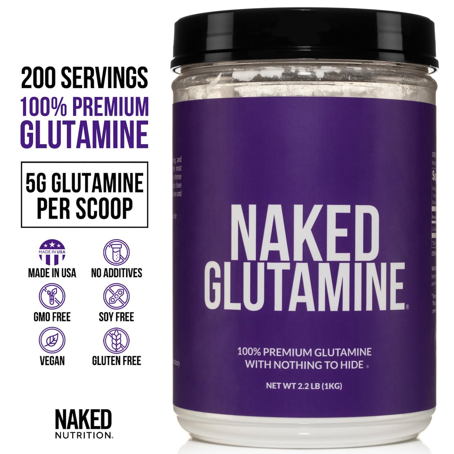 Pure L-Glutamine Made in The USA - 200 Servings - 1,000g, 2.2lb Bulk, Vegan, Non-GMO, Gluten and Soy Free. Minimize Muscle Breakdown & Improve Protein Synthesis. No Additives
