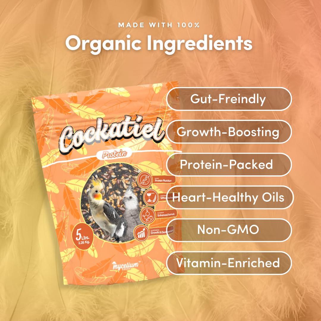 Mycelium Organic Cockatiel Protein Feed (5 LB Bag) | High-Protein, High-Fat Bird Seed for Energy, Growth, & Development | Seed & Superfood Blend for Cockatiels | Non-GMO, Made in USA