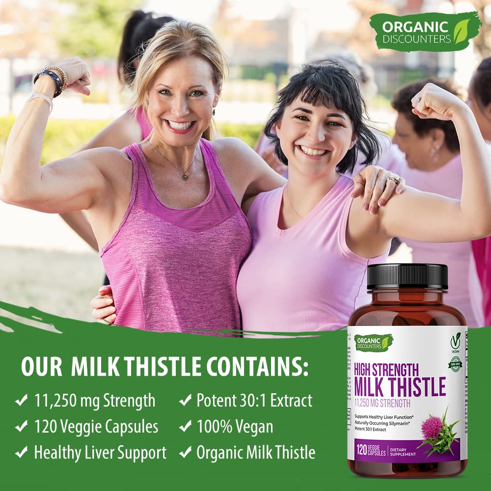 Organic Discounters High Potency Organic Milk Thistle Extract, 11,250 mg Strength, 120 Capsules, Potent 30:1 Extract, Rich in Silymarin Flavonoids, Vegan, Non-GMO and All-Natural