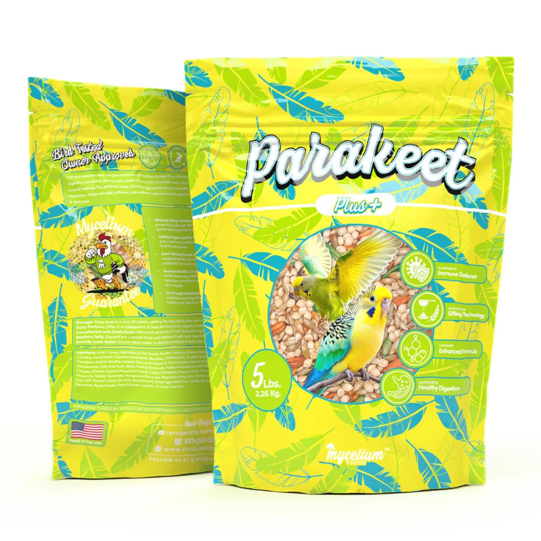 Mycelium Parakeet Plus Bird Seed (5 LB Bag) | Organic Bird Food Fortified with Vitamins for Immune & Digestive Support | Daily Nutrition for Parakeets & Budgies | Non-GMO, Clean Seed Blend | USA Made
