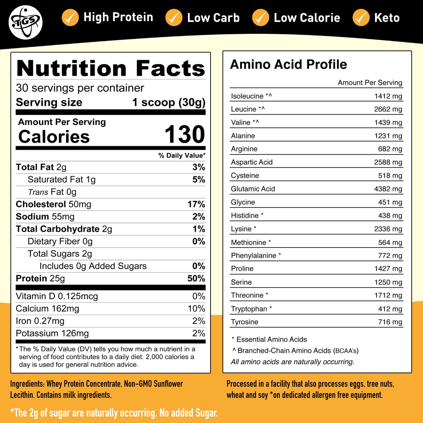 TGS Nutrition Whey Protein Powder Unflavored, Unsweetened, Keto Friendly - Low Carb, Low Calorie, No Soy, Made in USA