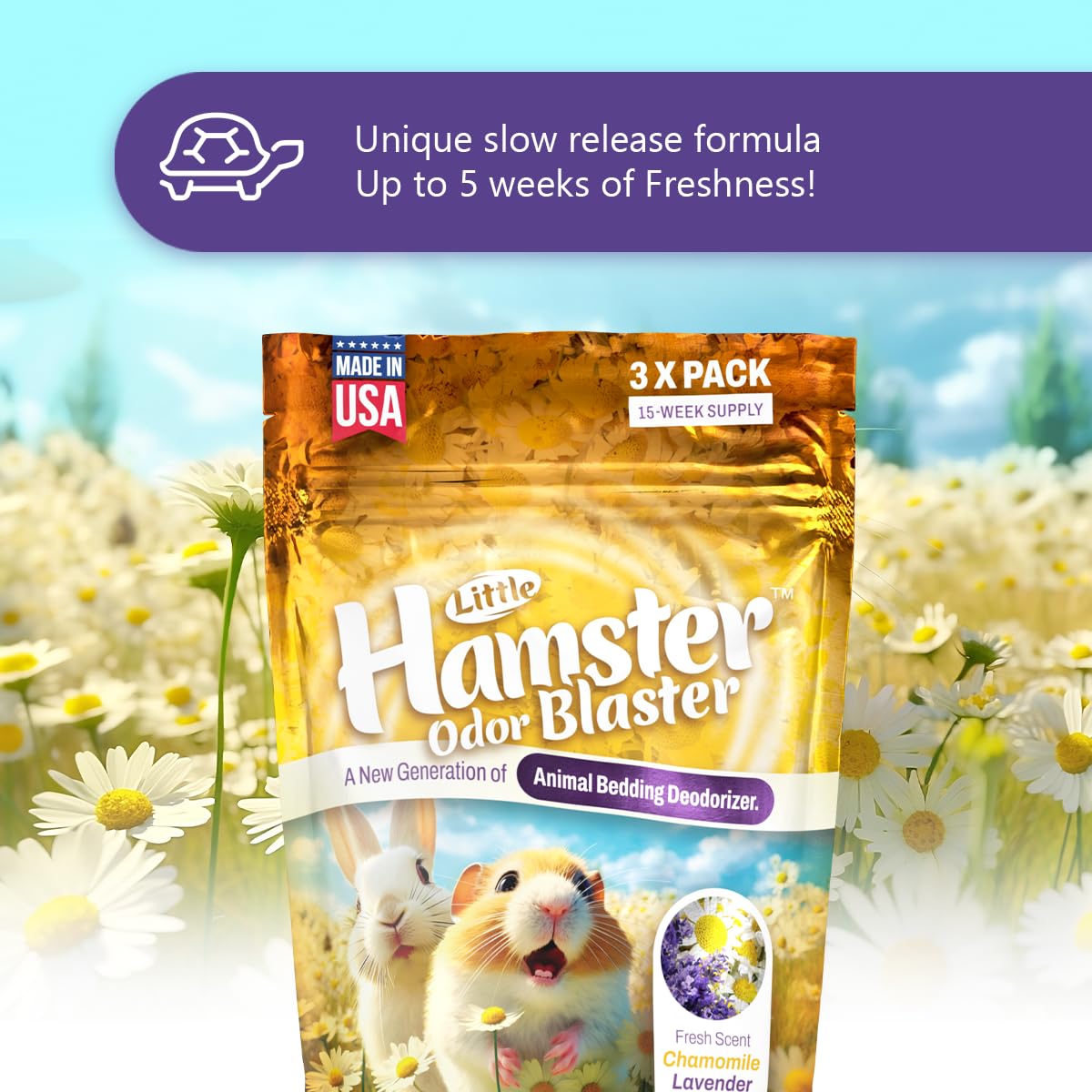 LITTLE SAVER Hamster Odor Blaster | a New Generation Of Animal Bedding Deodorizer | Unique Slow Release Formula | Natural Fresh Scent - Lavender & Chamomile | Up to 15 Weeks Supply | 3 x 0.5oz bags