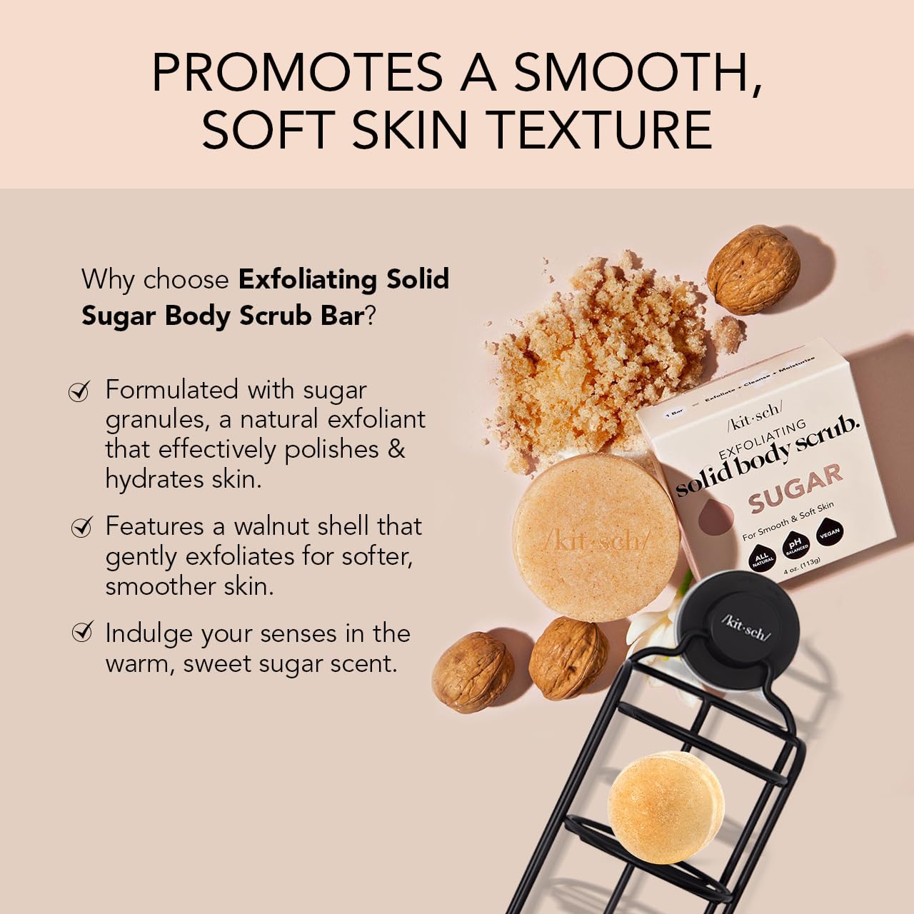 Kitsch Exfoliating Sugar Body Scrub Bar - For Smooth, Hydrated & Glowing Skin | Sugar Soap for Men & Women | All Natural and Vegan - Made in USA - 4 oz