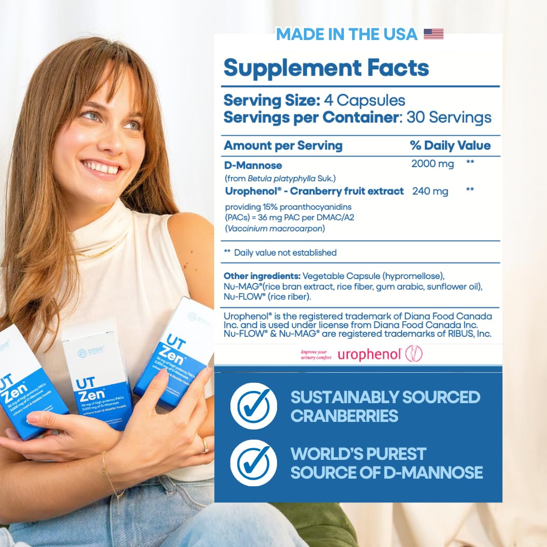 36 mg PAC Cranberry Pills for Women with 2000 mg Natural D-Mannose for UTI | 120 Capsules | Water-Soluble PACs | Clinically Proven for Urinary Tract & Bladder Health | Over The Counter & Made in USA
