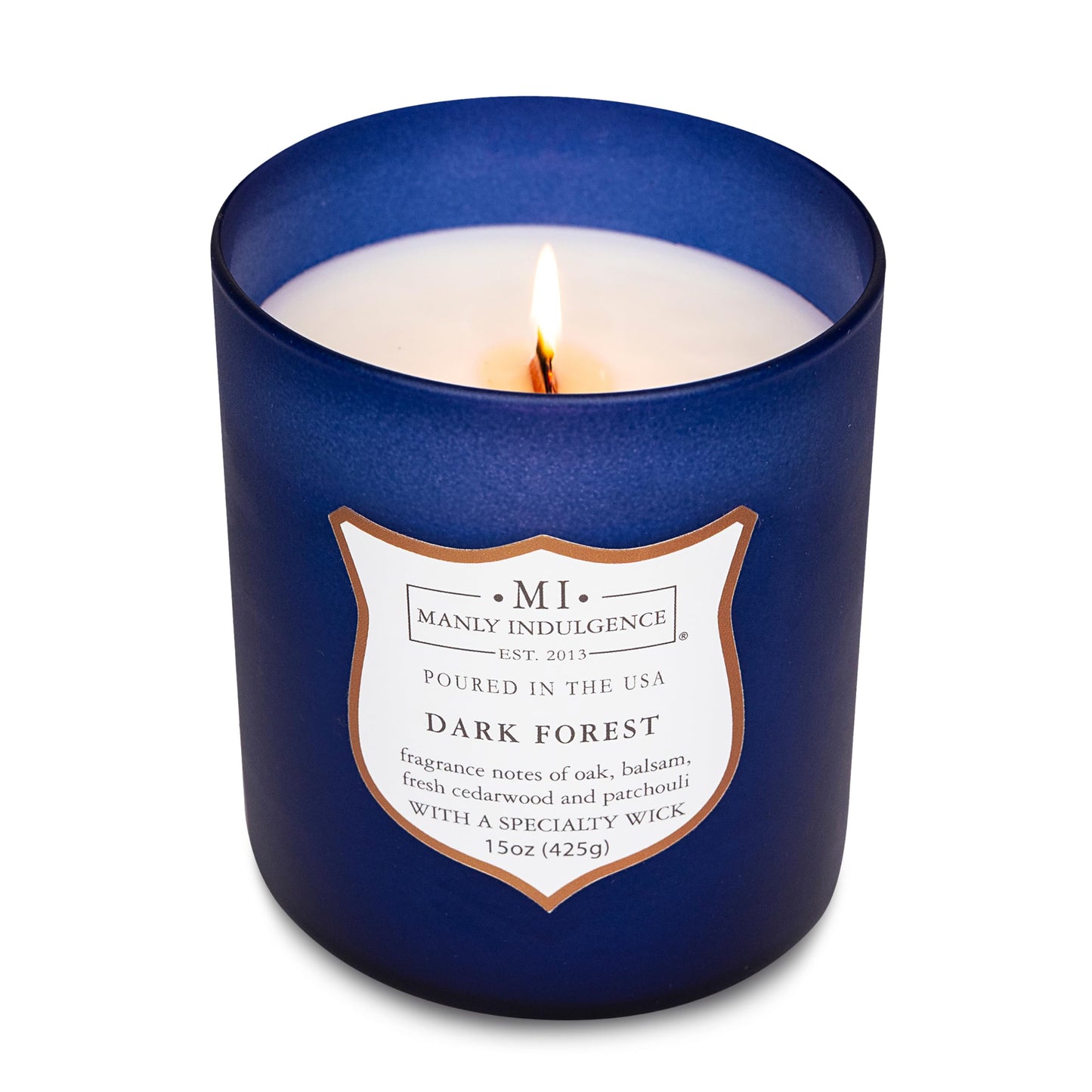 Manly Indulgence Dark Forest Scented Jar Candle for Men, Wood Wicked Candle, 15 oz - Oak, Balsam, Fresh Cedarwood & Patchouli - Up to 60 Hours Burn, Soy Blend Wax, USA Poured, Navy Blue