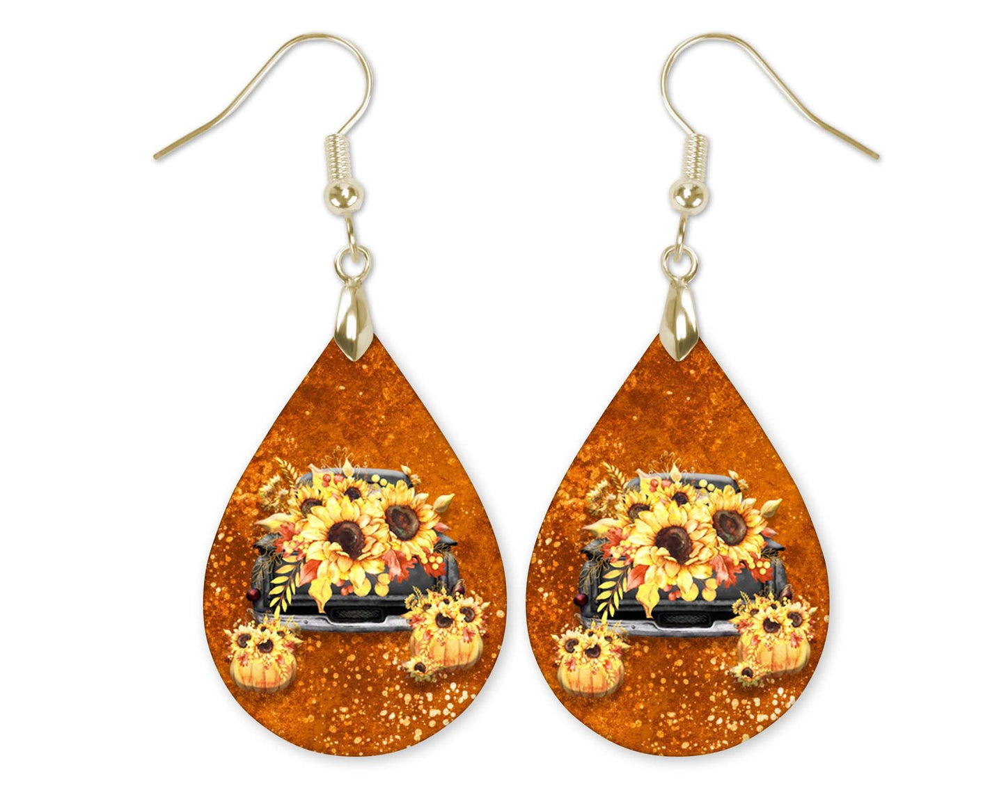 Fall Earrings for Women Autumn Lightweight Teardrop Dangle Fun Colorful Statement Jewelry Handmade by the Painted Pug (Sunflower Truck)