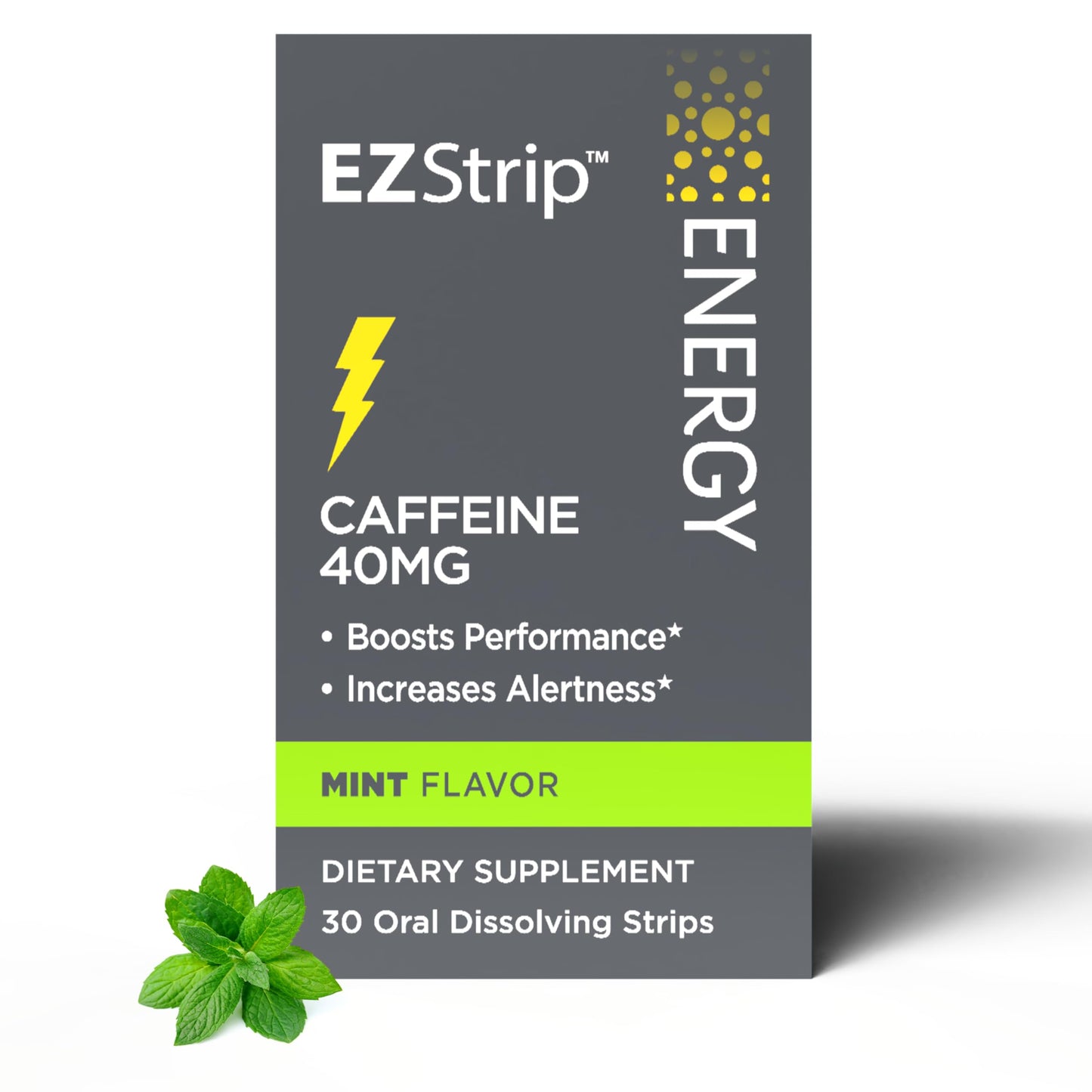 EZStrip Energy Supplements - Mint Flavor, 30 Count - Dissolving Strips with 40mg Caffeine to Help Energize Your Day and Boost Performance - Made in The USA, Sugar and Gluten-Free