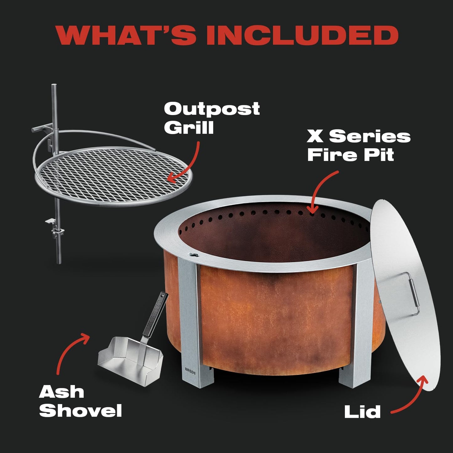 Breeo Smokeless FIrePit Grilling Bundle (X Series 24 Corten Steel, Outpost Grill, Ash Shovel, & Lid) | 27.5 inch Smokeless Fire Pit for Outside | Ideal for Families