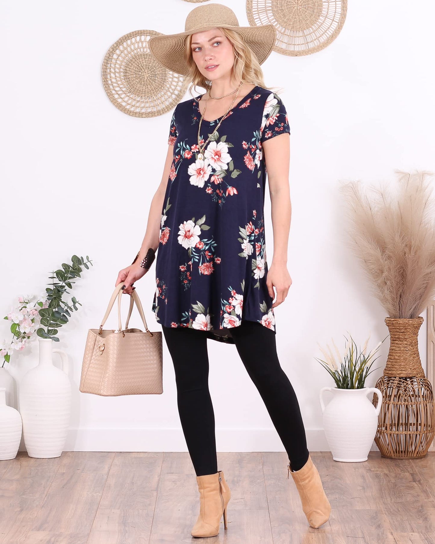 Popana Womens Short Sleeve Summer Tunic Tops to Wear with Leggings Loose Fit Made in USA Floral