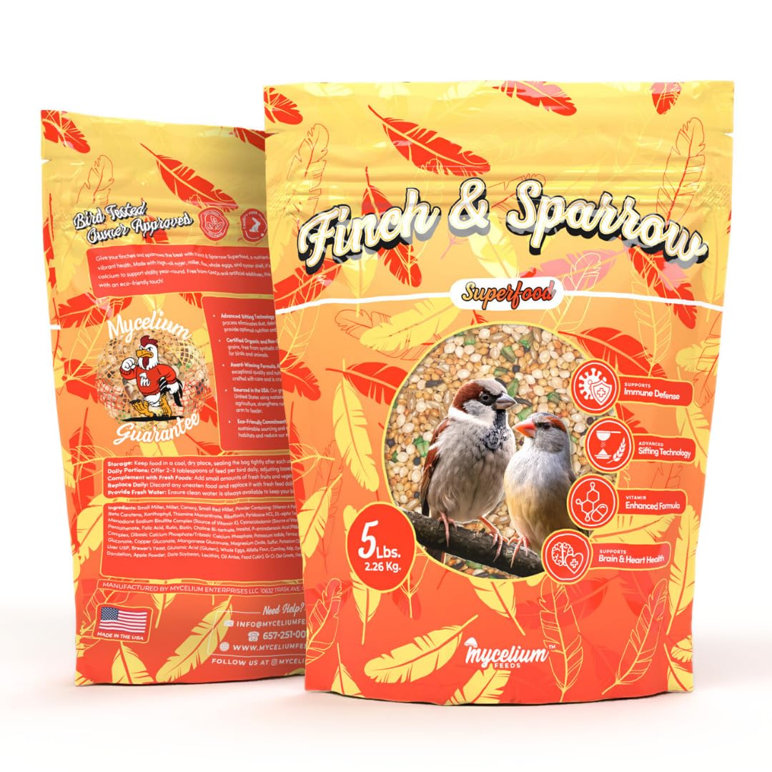 Mycelium Finch & Sparrow Superfood (5 LBS) | Organic Bird Food for Small Birds | Vitamin-Enhanced for Immunity, Brain & Heart Support | Non-GMO, Clean Ingredients, Made in USA