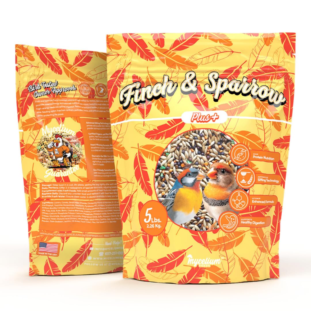 Mycelium Organic Finch & Sparrow Plus Feed (5 LB Bag) | High-Protein, Vitamin-Enriched Wild Bird Seed for Finches & Sparrows | Easy to Digest Seeds, Filler-Free | Non-GMO, Made in USA