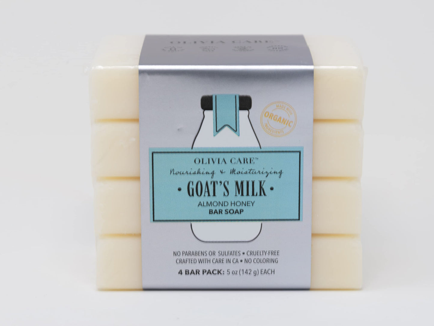 Olivia Care Goat's Milk Organic Bar Soap 4 Pack of 5 oz Bars Made in the USA (Almond Honey)