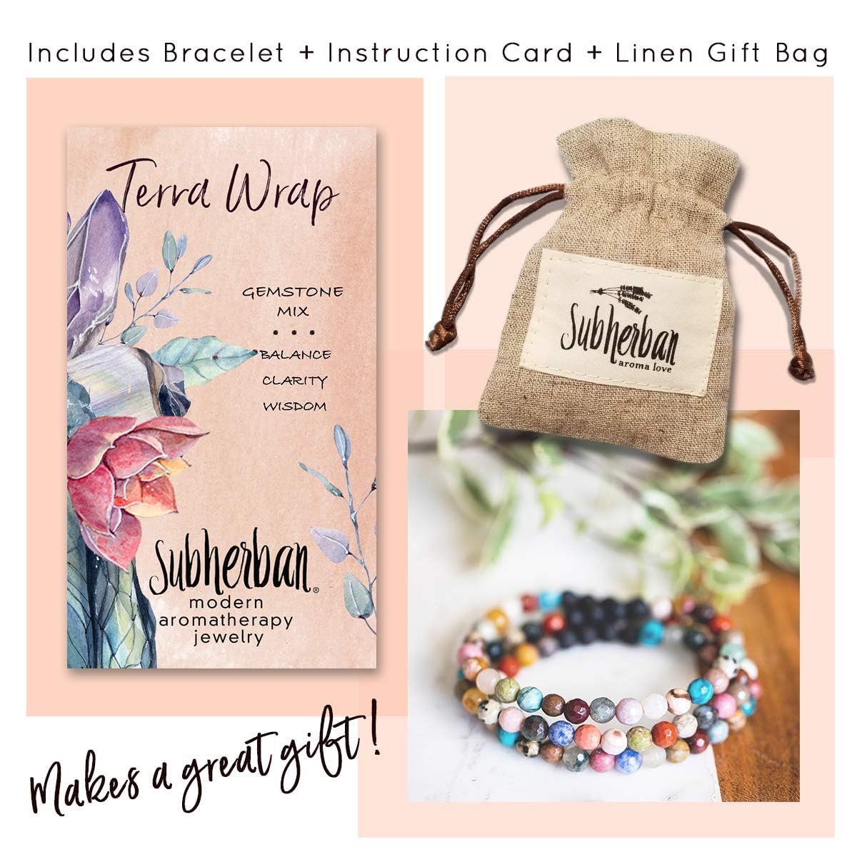 Subherban Essential Oil Lava Rock Diffuser Bracelet - HANDMADE IN THE USA - Aromatherapy Gemstone Bracelets for Women - Relaxation Gift for Women