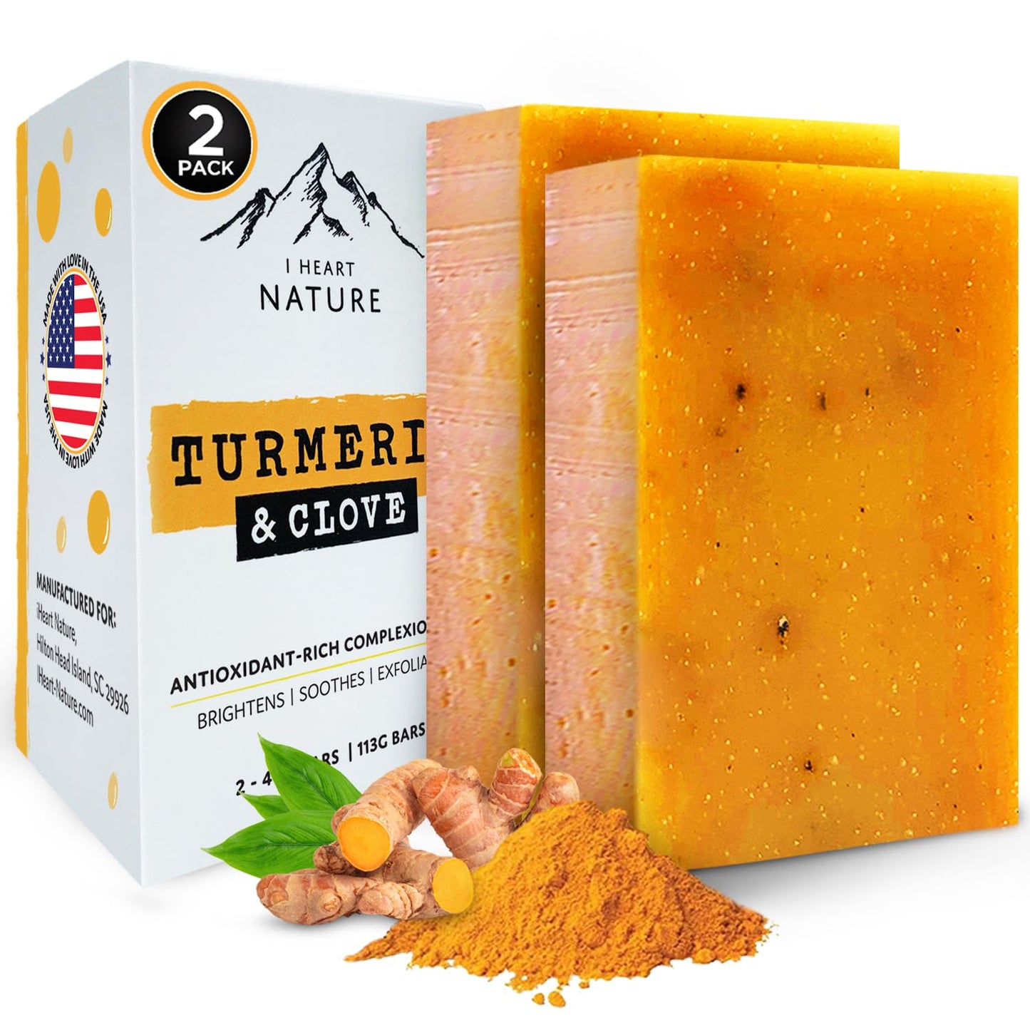 Organic Turmeric Soap for Dark Spots & Acne with Clove Bud (2 Packs) – Face & Body Bar – Rich, Creamy Lather for Natural Skin Glow Aromatherapy