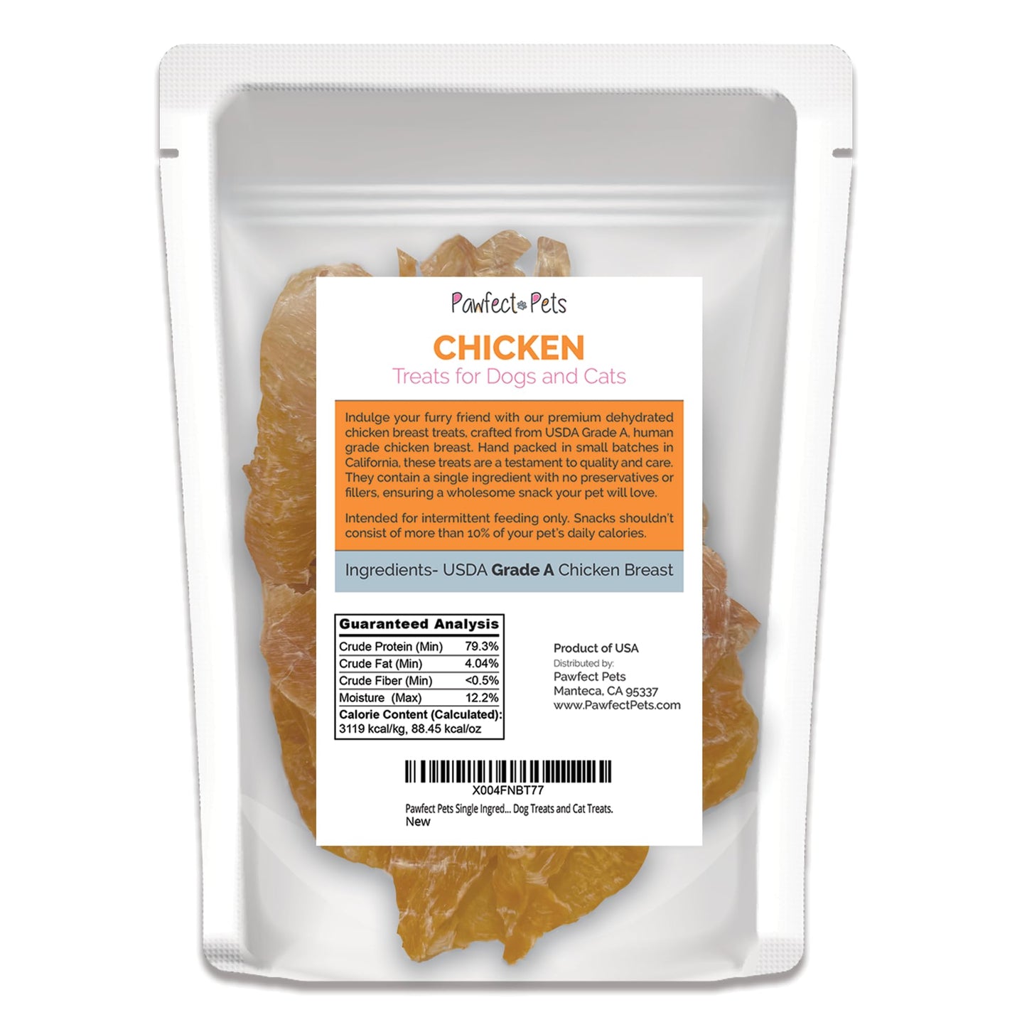 Pawfect Pets Single Ingredient Dehydrated Chicken Breast Treats for Dogs and Cats, 6oz Bag. USA Made