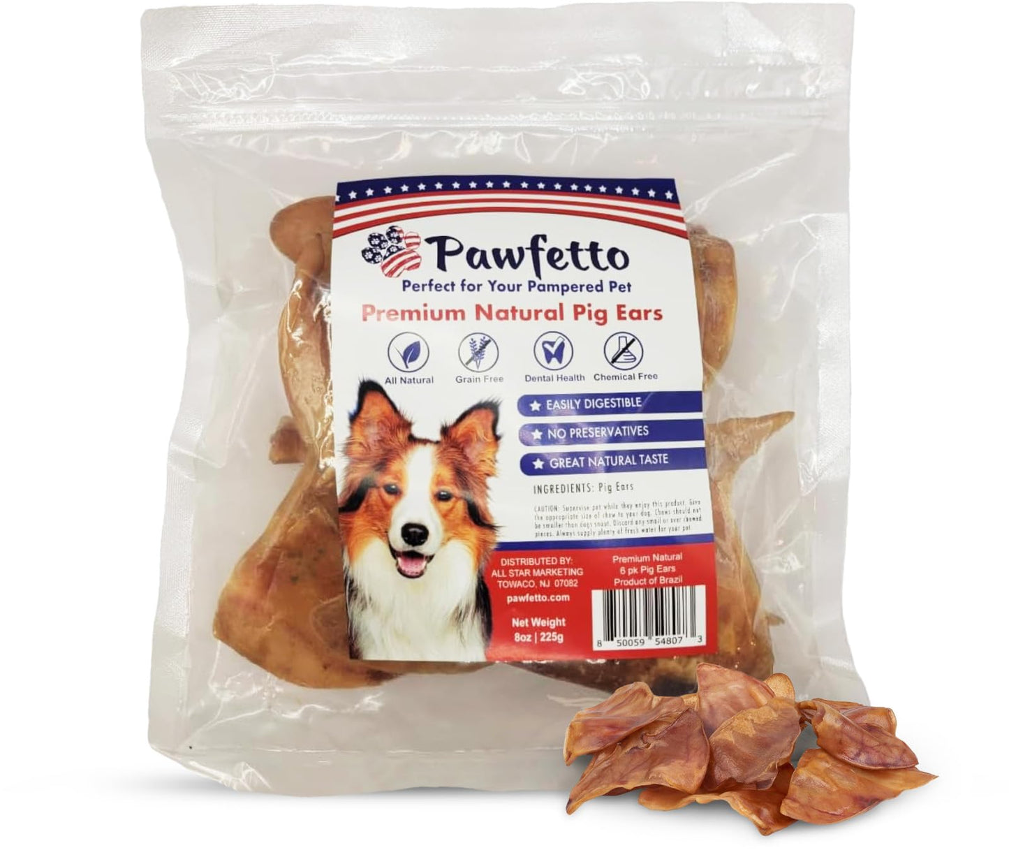 Pawfetto Premium Natural Whole Pig Ears, Easily Digestible Non-Rawhide Dog Chews, Long-Lasting Treats, Snacks for Dogs (Pack of 6)