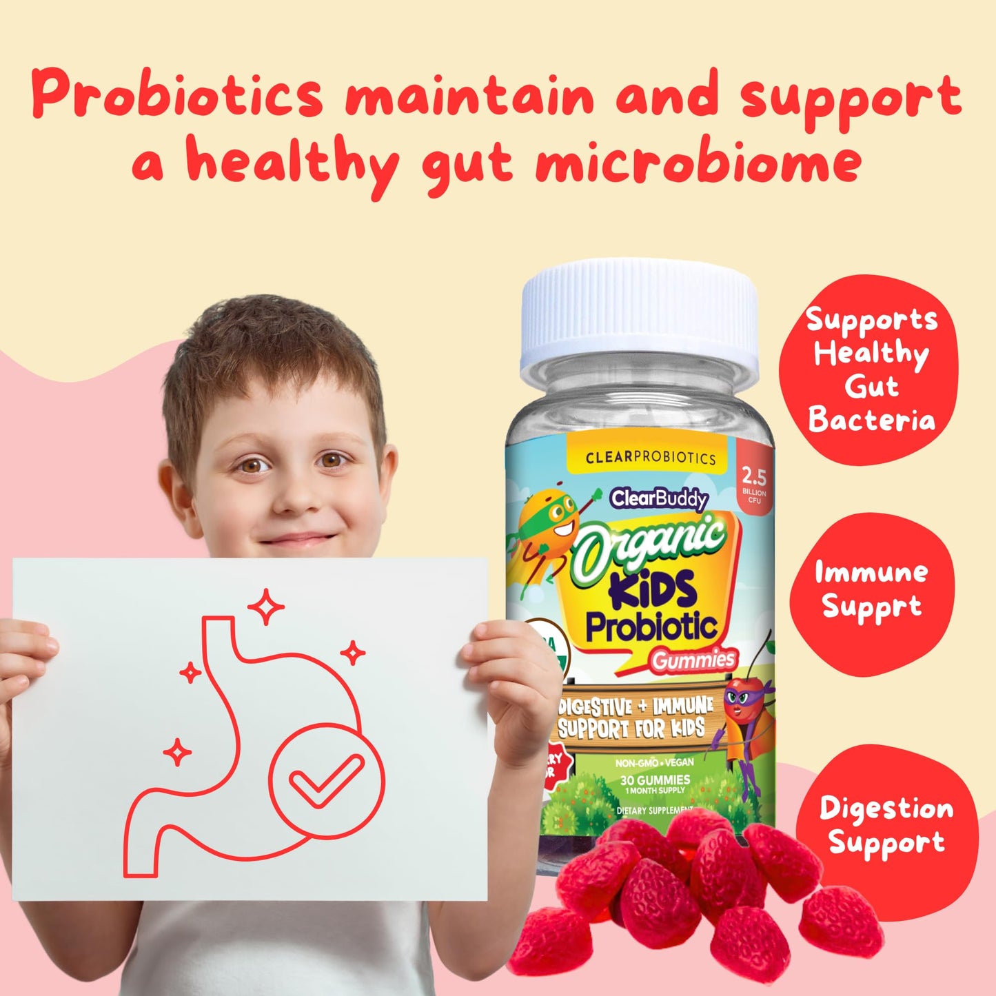 Kids Probiotics Gummies – Daycare Formulated Immunity Gummies - Immune System Boost & Improved Regularity - Plant-based Organic, 2.5 Billion CFU - DE111 Bacillus Subtilis - Strawberry – 1 Month Supply