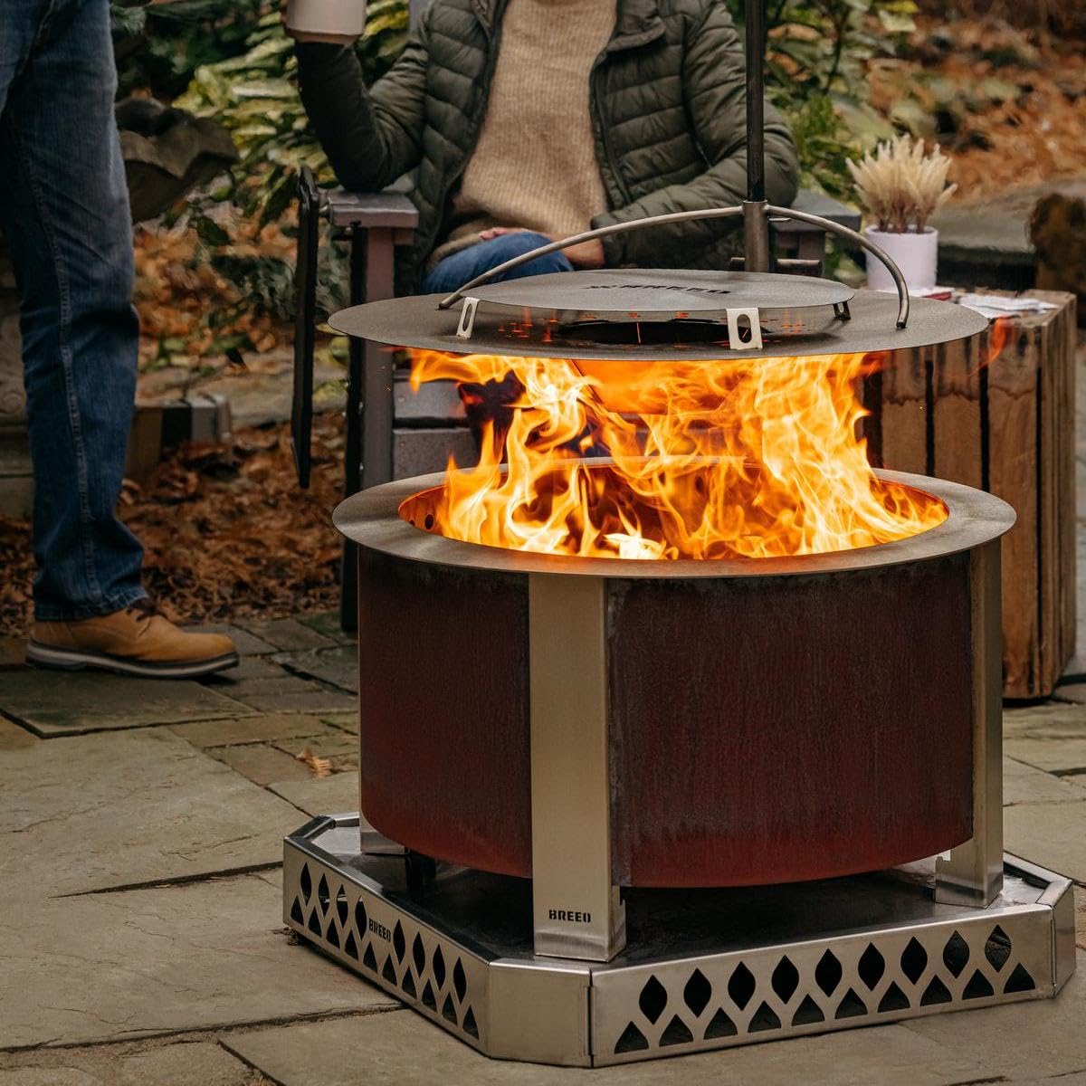 Breeo Smokeless FIrePit Warmth Bundle (X Series 24 Corten Steel, Heat Deflector, Ash Shovel, & Lid) | 27.5 inch Smokeless Fire Pit for Outside | Ideal for Families