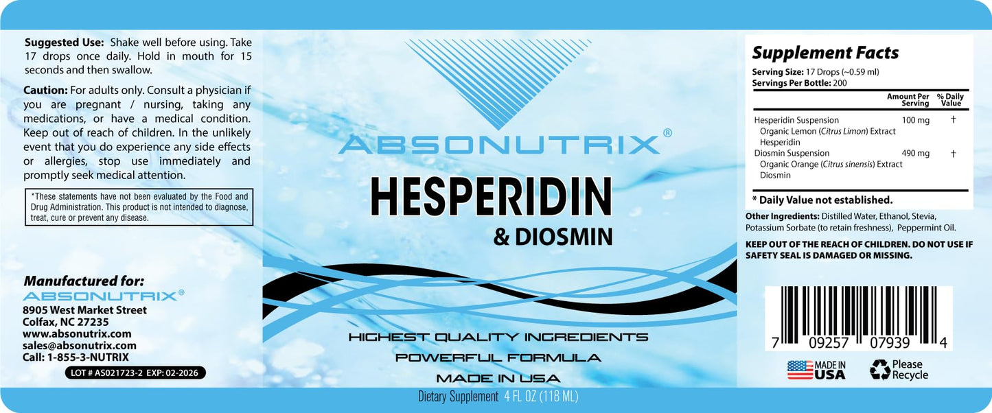 Absonutrix Hesperidin and Diosmin Liquid Drops,593mg 4Oz,Easy Absorption,Helps Improve Mobility,Supports Circulation, Made in USA,Non-GMO,Gluten-Free,GMP-Certified.