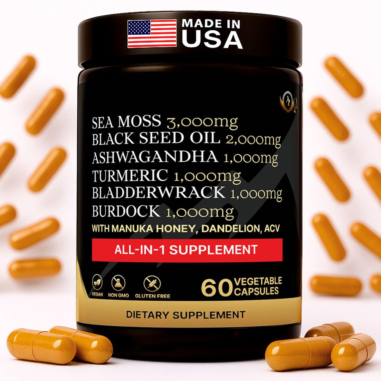 AZ ApexZone Sea Moss Capsules - Health Supplements - True Seamoss Black Seed Oil Ashwagandha Burdock Root, Tumeric Supplement with Manuka Honey, Dandelion Root ACV - 60 Capsules