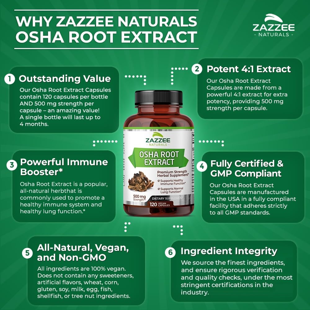 Zazzee OSHA Root 4:1 Extract, 500 mg Strength, 120 Vegan Capsules, 4 Month Supply, Concentrated and Standardized 4X Extract, 100% Vegetarian, Ligusticum porteri, All-Natural and Non-GMO