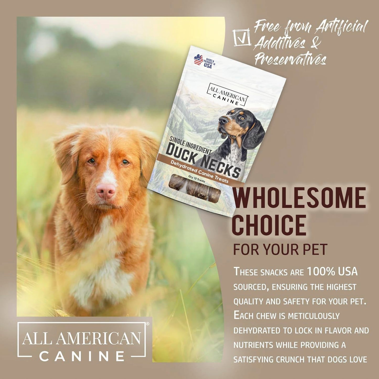 All American Canine 12 Natural Duck Neck Dog Treats – Single Ingredient, Dehydrated & Chewy – Low-Fat, High-Protein Training Reward – Made in USA
