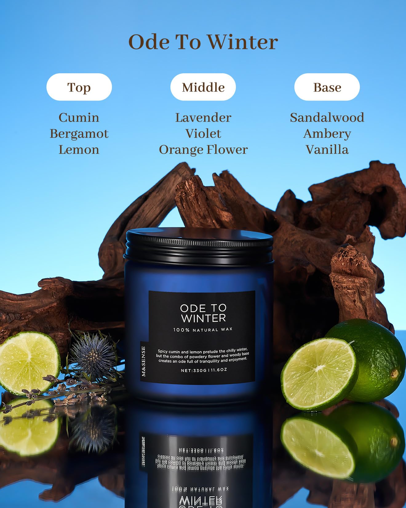 M&SENSE Ode to Winter 11.6oz Natural Soy Wax Non Toxic Candle, Up to 70 Hours Burn Time Winter Scents, 2 Cotton Wick Jar Candle Home Scented Gift