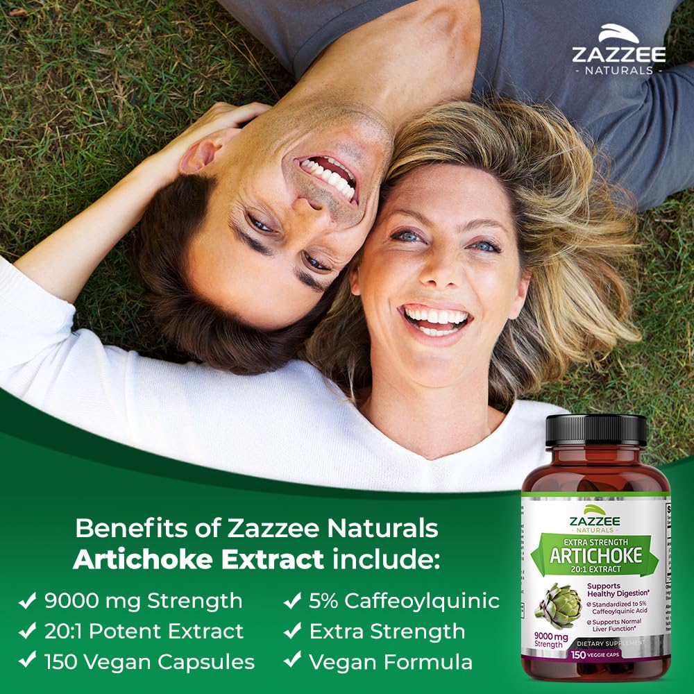 Zazzee Extra Strength Artichoke 20:1 Extract, 9000 mg Strength, 5% Caffeoylquinic Acid, 150 Vegan Capsules, 5 Month Supply, Concentrated and Standardized 20X Extract, Non-GMO and All-Natural