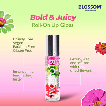 Blossom Roll on Lip Gloss, Scented Clear High Shine Moisturizing Lip Oil, Non Sticky, Infused with Real Flowers, Made in USA, 0.2oz, Watermelon
