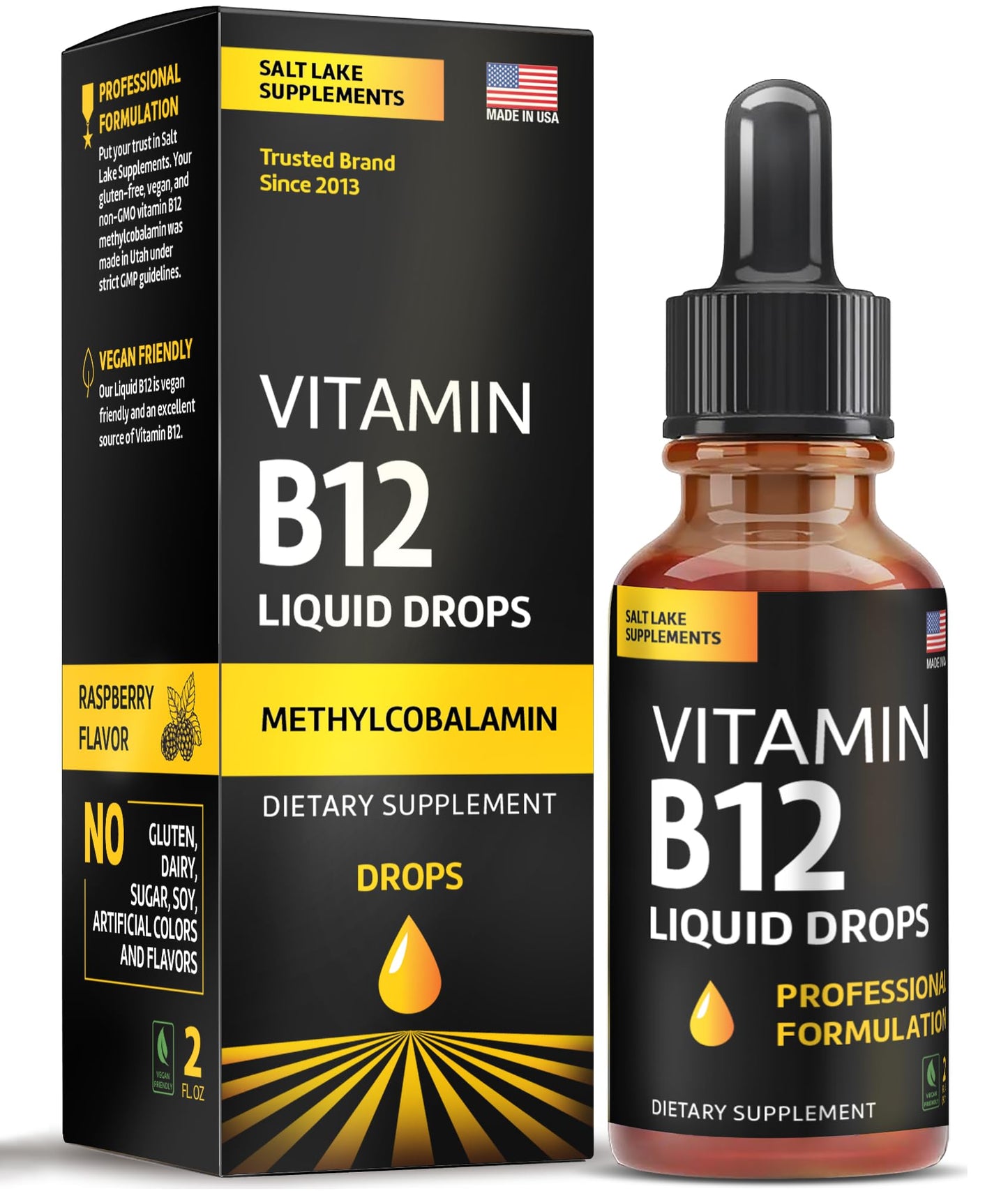 Vitamin B12 Liquid Drops - Vegan B12 vitamins 5000 mcg Methylcobalamin Fast-Acting Sublingual B Complex Liquid Vitamin B2, B3, B6 - Non-GMO, No Dairy, Soy & Sugar, Raspberry Flavor, 2 fl. oz.