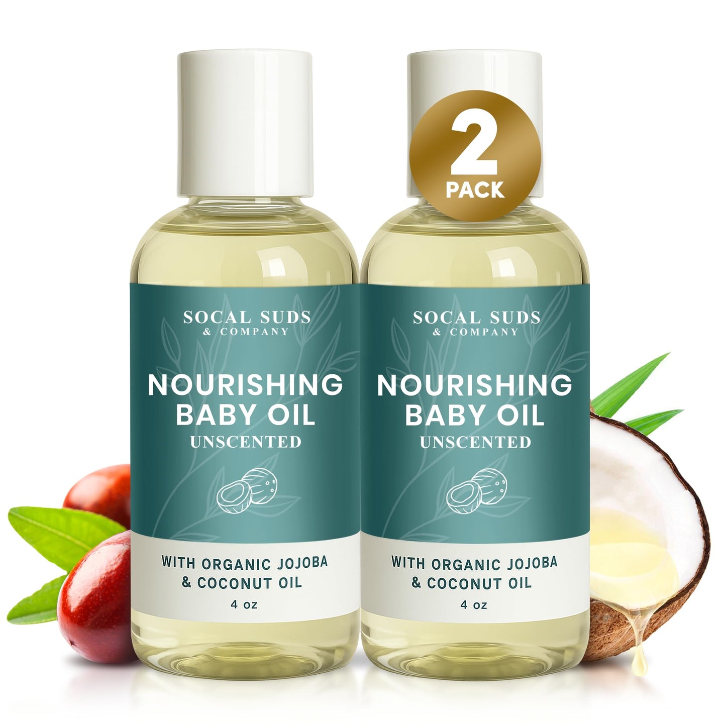SoCal Suds & Company -Natural & Organic Baby Oil -Newborn Essentials -Gentle Moisturizing Nourishing Oil for Delicate Tender Skin -Vitamin-Enriched with Jojoba and Sunflower Oils - Fragrance Free, 4oz