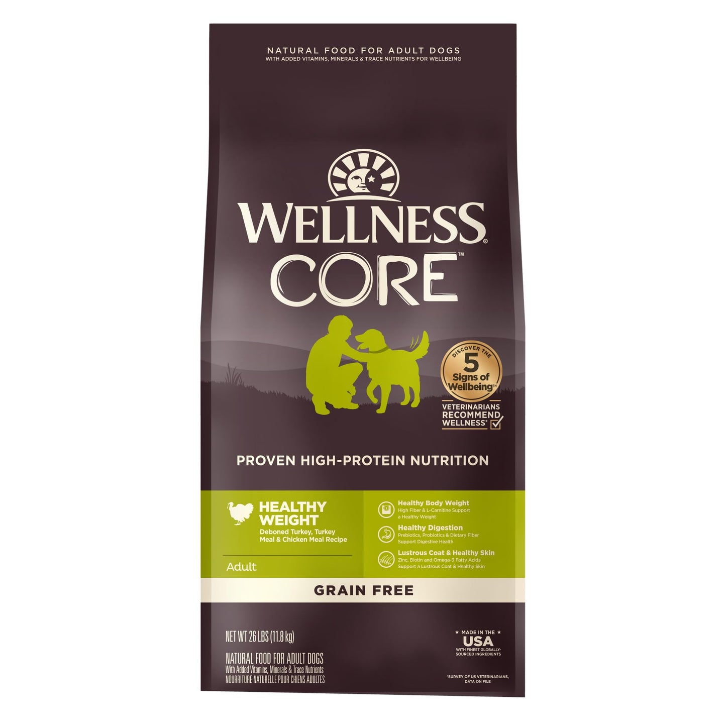 Wellness CORE Grain-Free High-Protein Dry Dog Food, Natural Ingredients, Made in USA with Real Meat, All Breeds, For Adult Dogs (Reduced Fat, 26-Pound Bag)