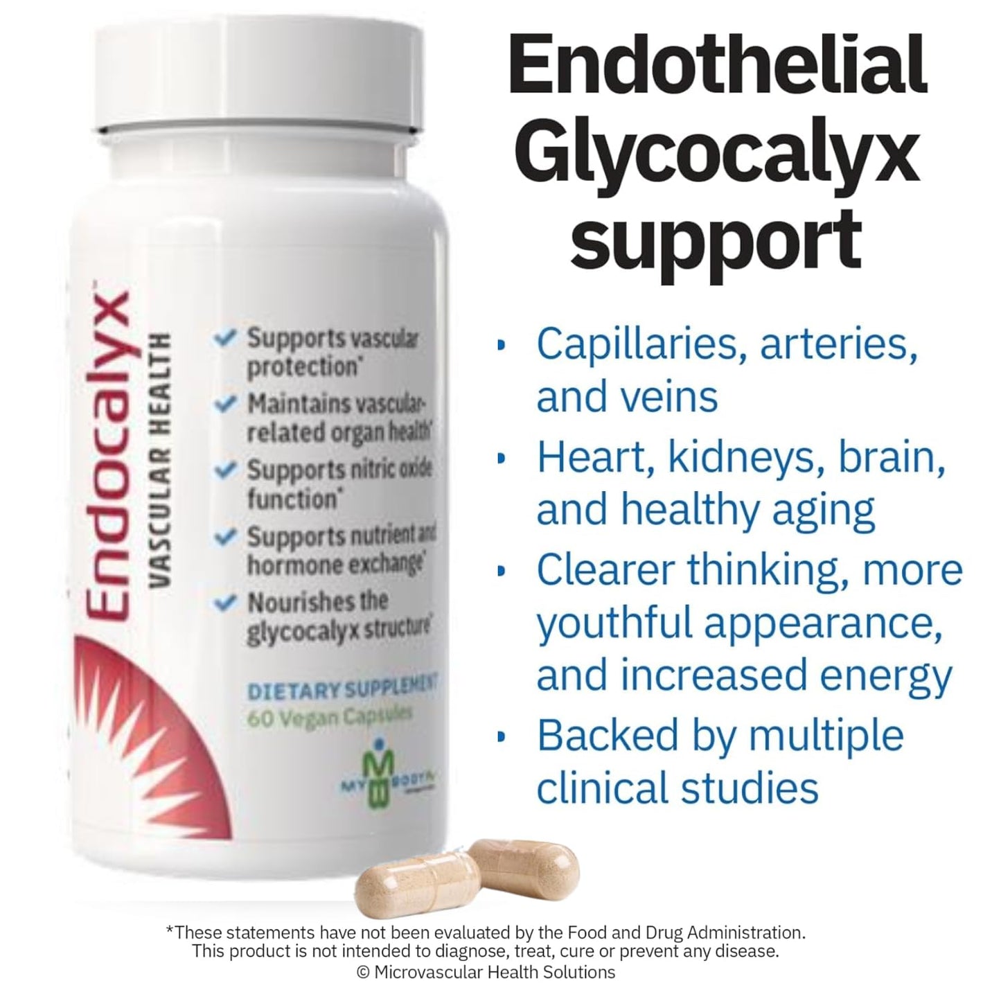 MYBODYRX Endocalyx Supplement - Endothelial Glycocalyx Support 60 Capsules - Vascular & Microcirculation Health - Clinically-Studied - Patented - Supports Nitric Oxide Functions