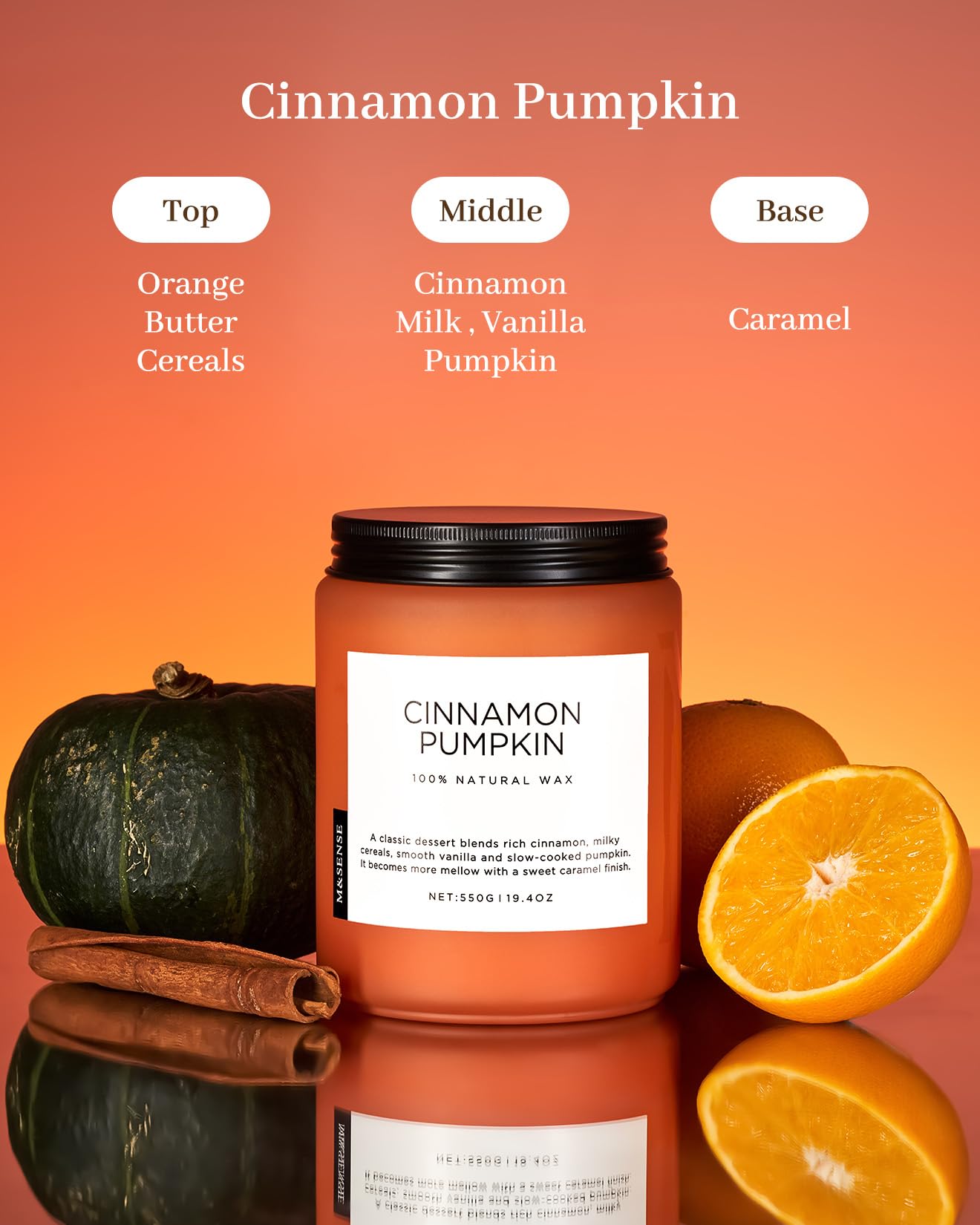 M&SENSE Cinnamon Pumpkin Fall Scented Candles, 19.4oz Soy Natural Candles 110 Hours Long Lasting Slow Burning Halloween Autumn Candle Gifts for Home Decor
